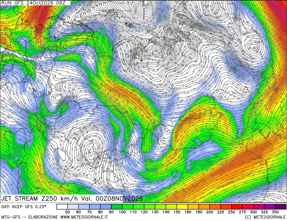 mappa 250 hPa Jet stream