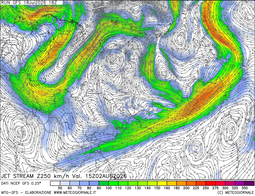 mappa 250 hPa Jet stream