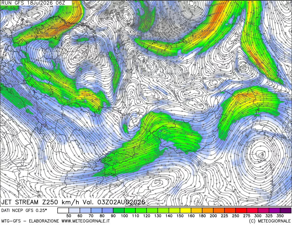 mappa 250 hPa Jet stream