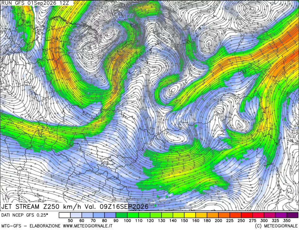 mappa 250 hPa Jet stream