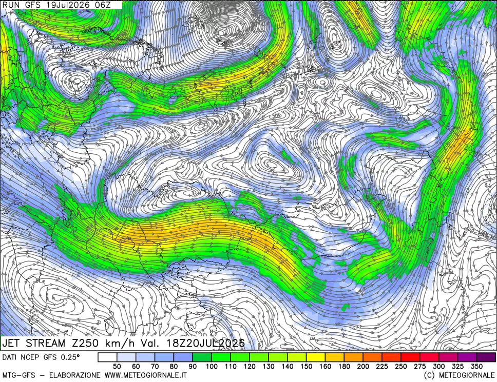 mappa 250 hPa Jet stream