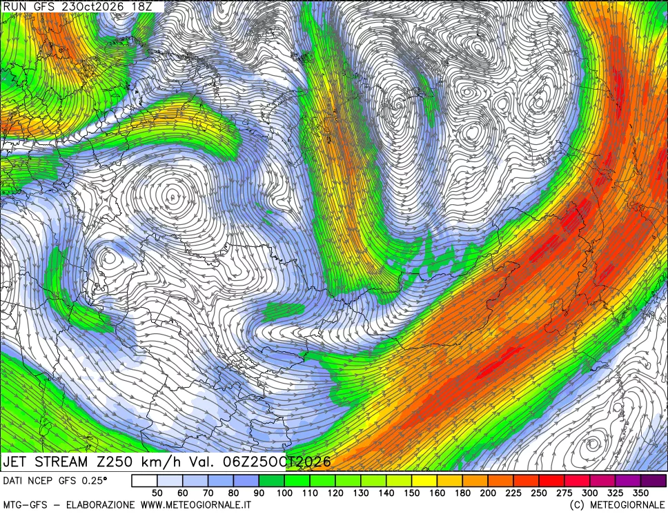 mappa 250 hPa Jet stream