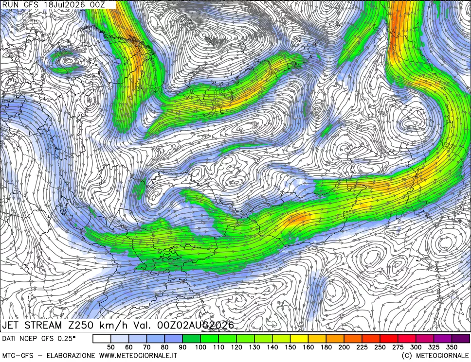mappa 250 hPa Jet stream
