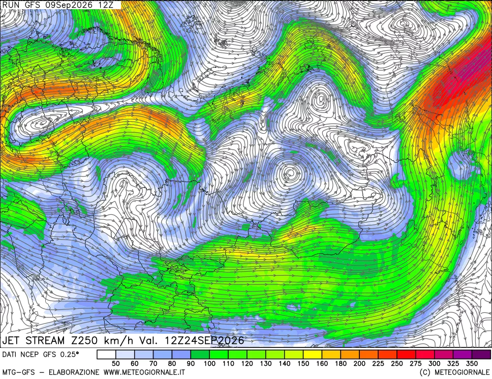 mappa 250 hPa Jet stream