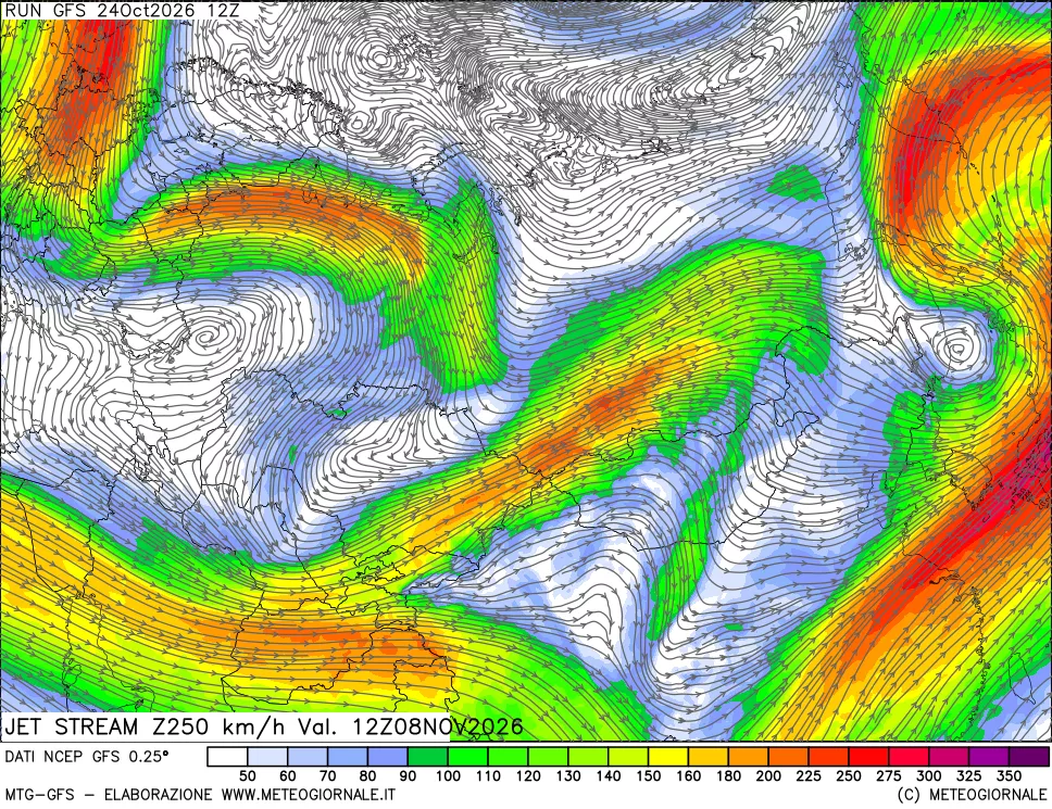 mappa 250 hPa Jet stream