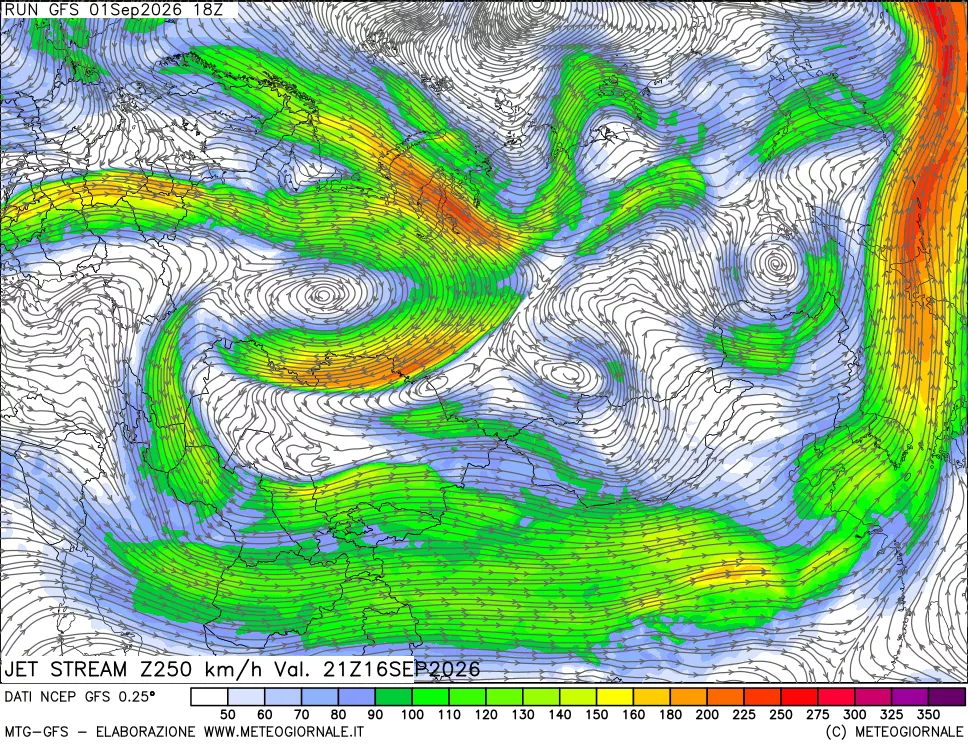 mappa 250 hPa Jet stream