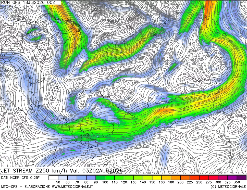 mappa 250 hPa Jet stream