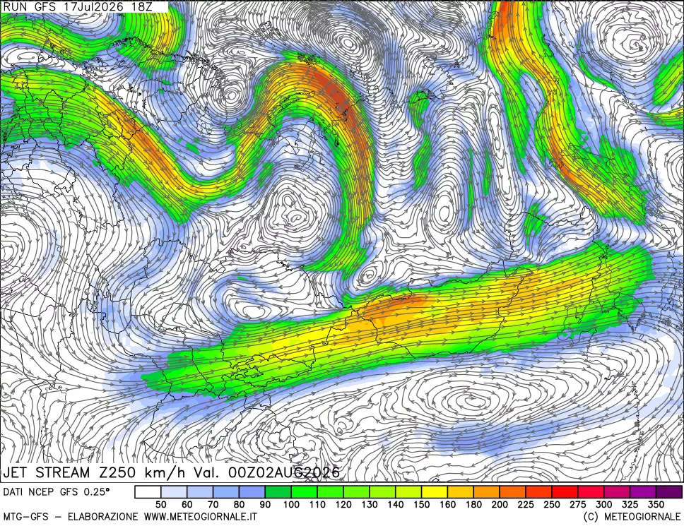 mappa 250 hPa Jet stream
