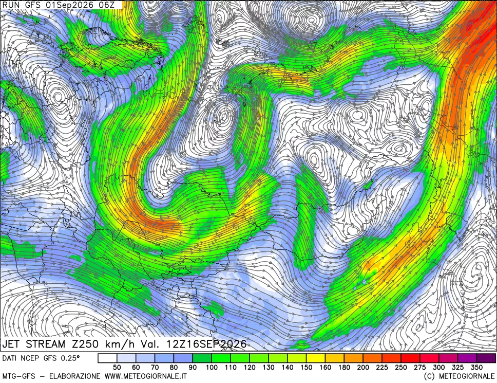 mappa 250 hPa Jet stream