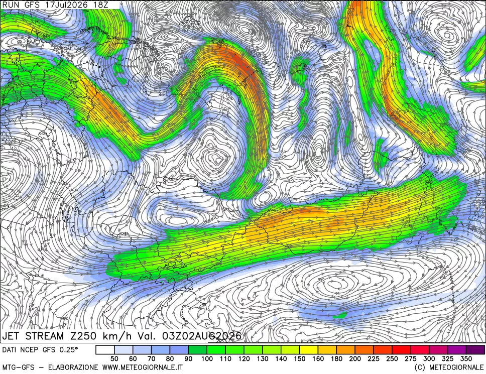 mappa 250 hPa Jet stream