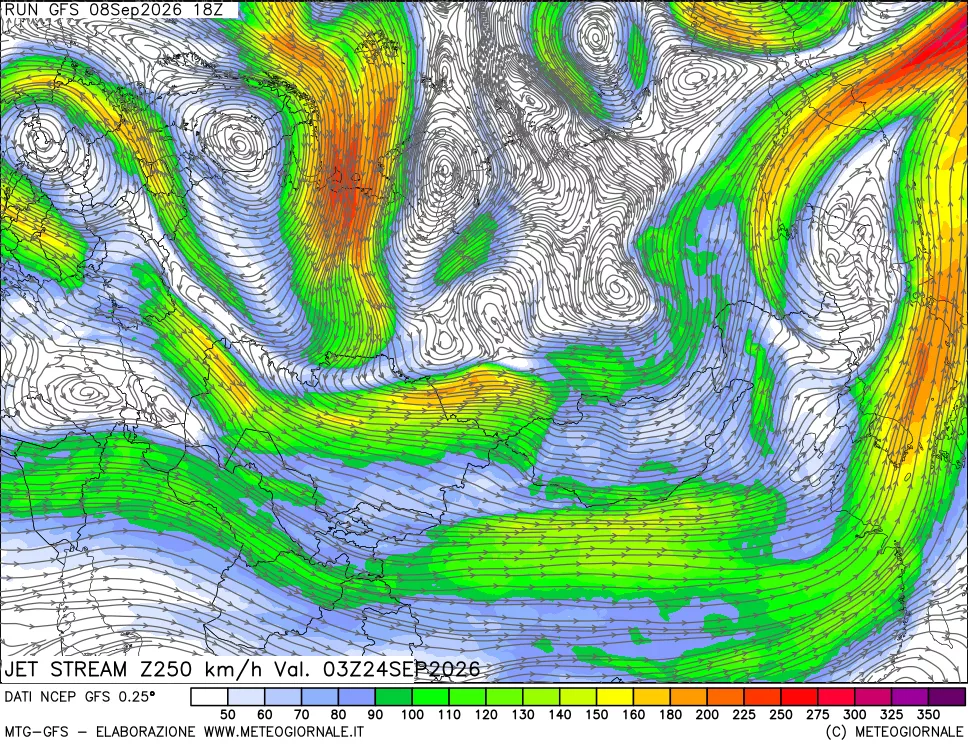 mappa 250 hPa Jet stream