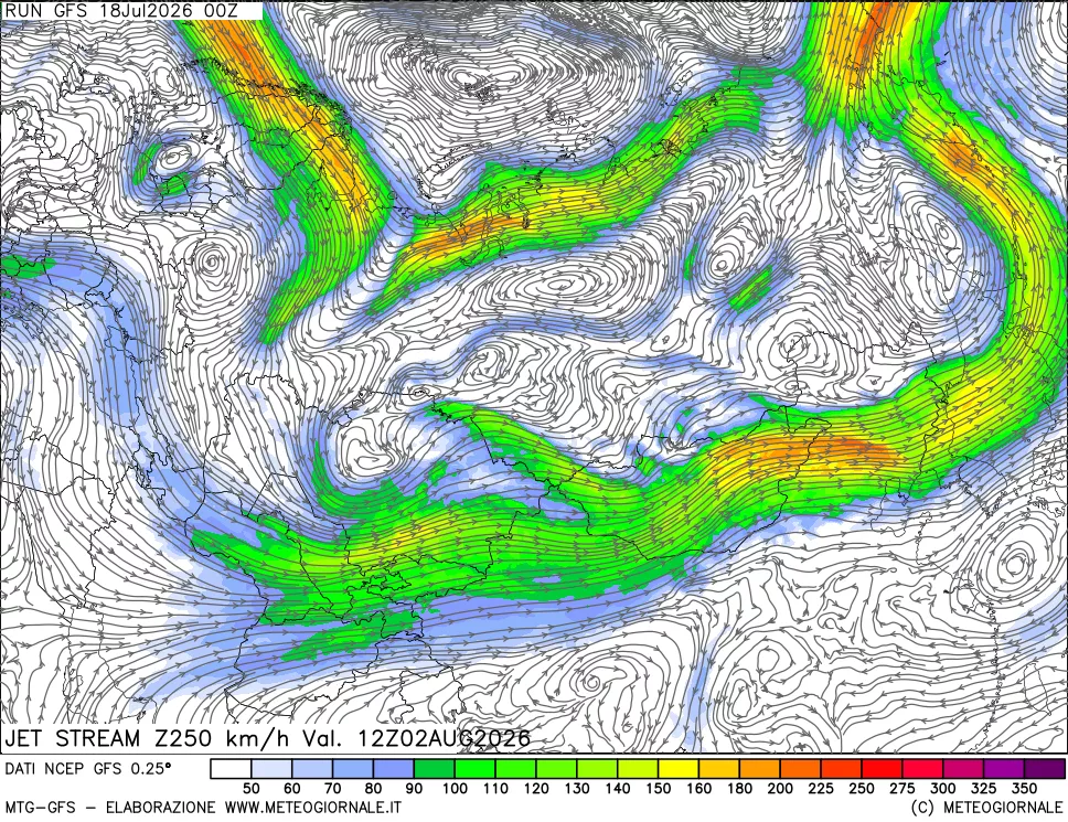 mappa 250 hPa Jet stream