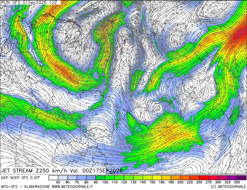 mappa 250 hPa Jet stream