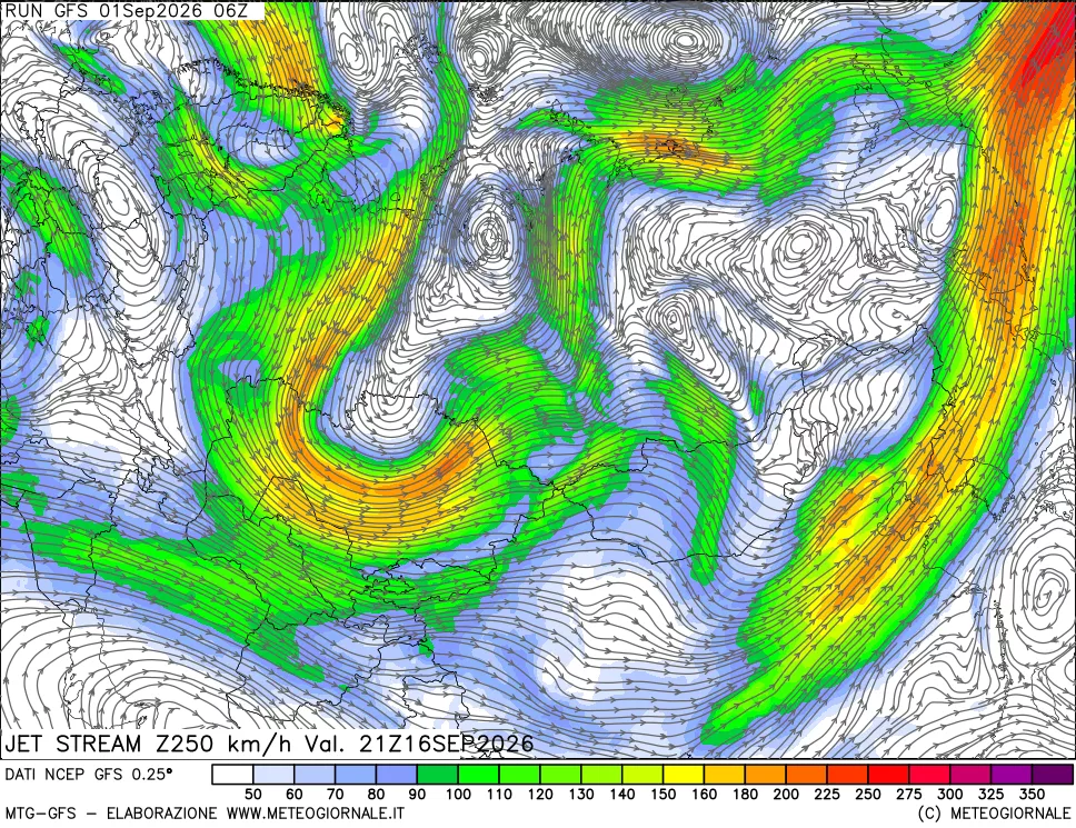 mappa 250 hPa Jet stream