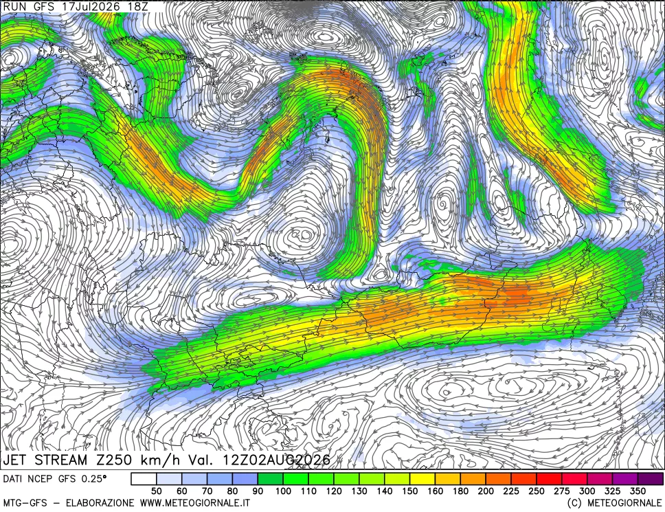 mappa 250 hPa Jet stream
