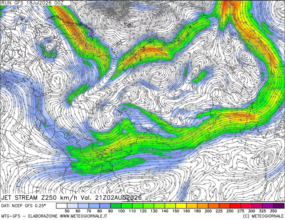 mappa 250 hPa Jet stream