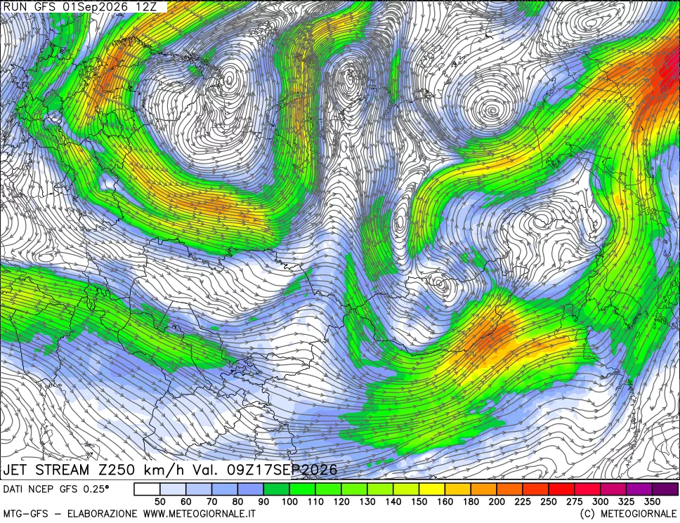 mappa 250 hPa Jet stream