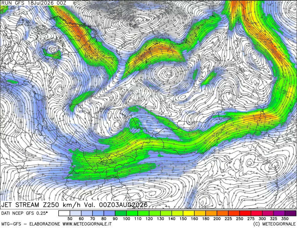 mappa 250 hPa Jet stream