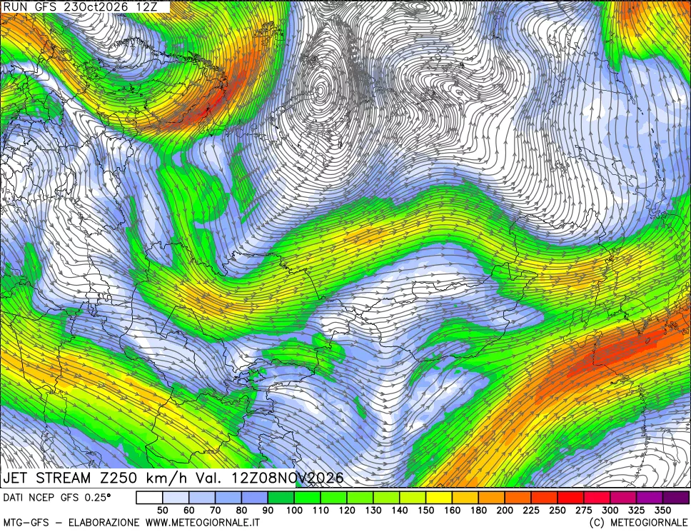 mappa 250 hPa Jet stream