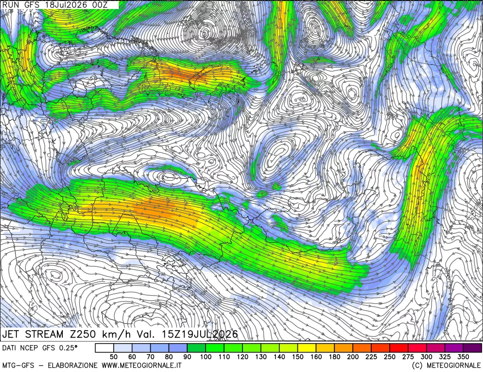 mappa 250 hPa Jet stream