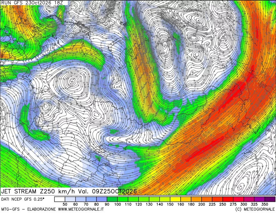 mappa 250 hPa Jet stream