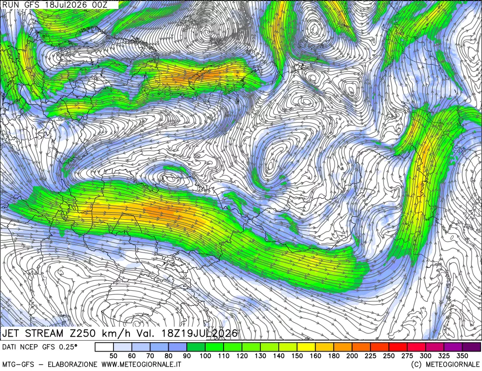 mappa 250 hPa Jet stream