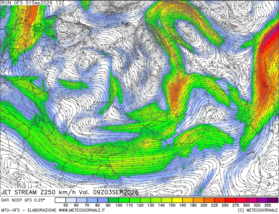 mappa 250 hPa Jet stream