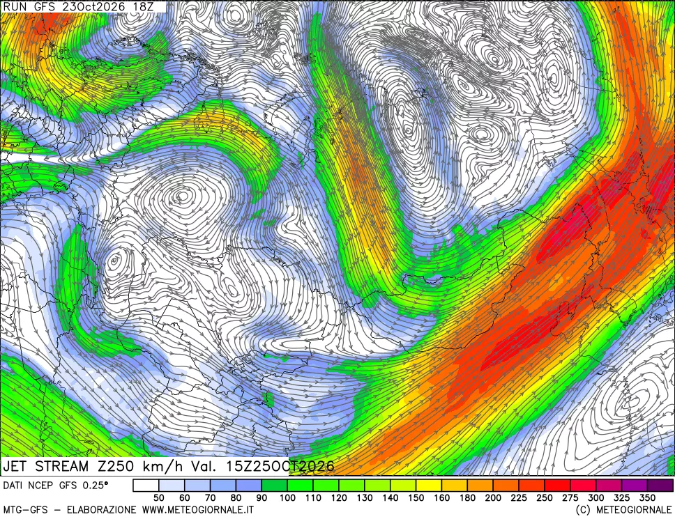 mappa 250 hPa Jet stream