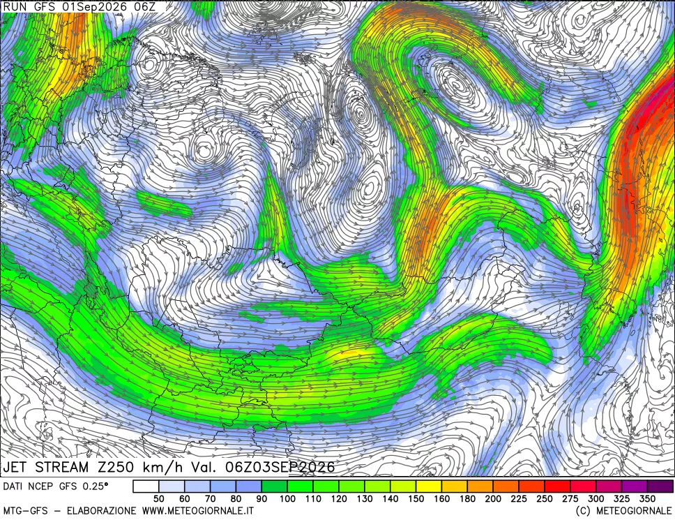 mappa 250 hPa Jet stream
