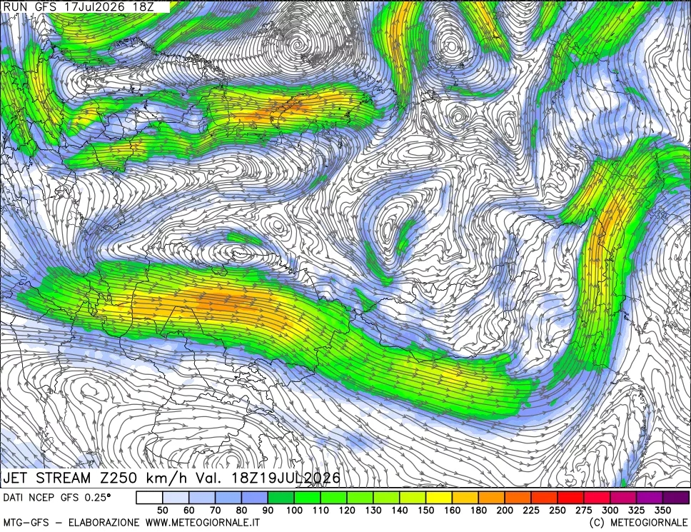 mappa 250 hPa Jet stream
