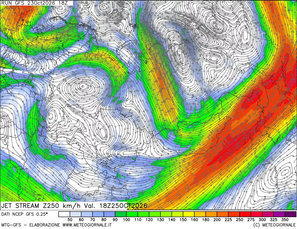 mappa 250 hPa Jet stream
