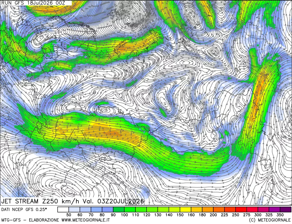 mappa 250 hPa Jet stream