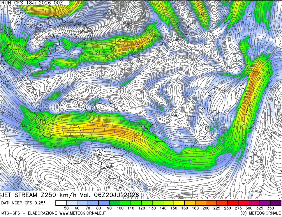 mappa 250 hPa Jet stream