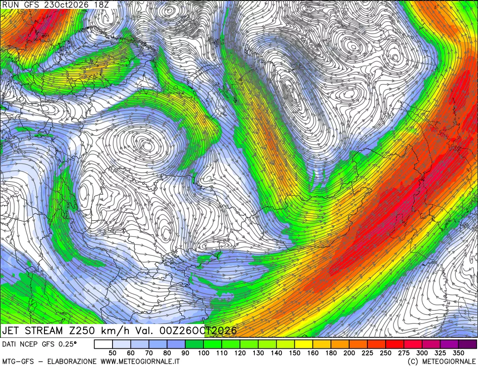 mappa 250 hPa Jet stream