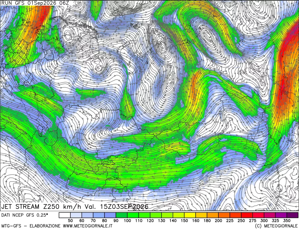 mappa 250 hPa Jet stream