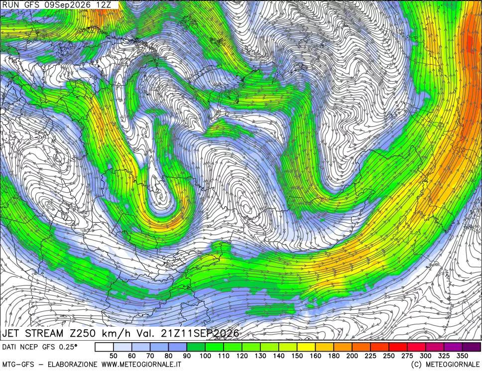 mappa 250 hPa Jet stream
