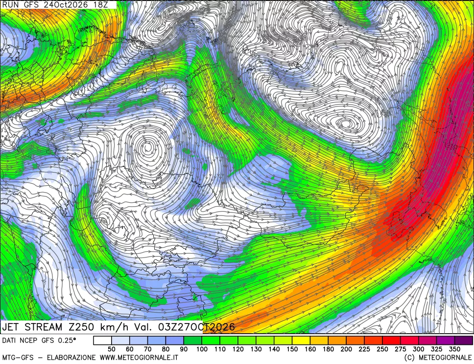 mappa 250 hPa Jet stream