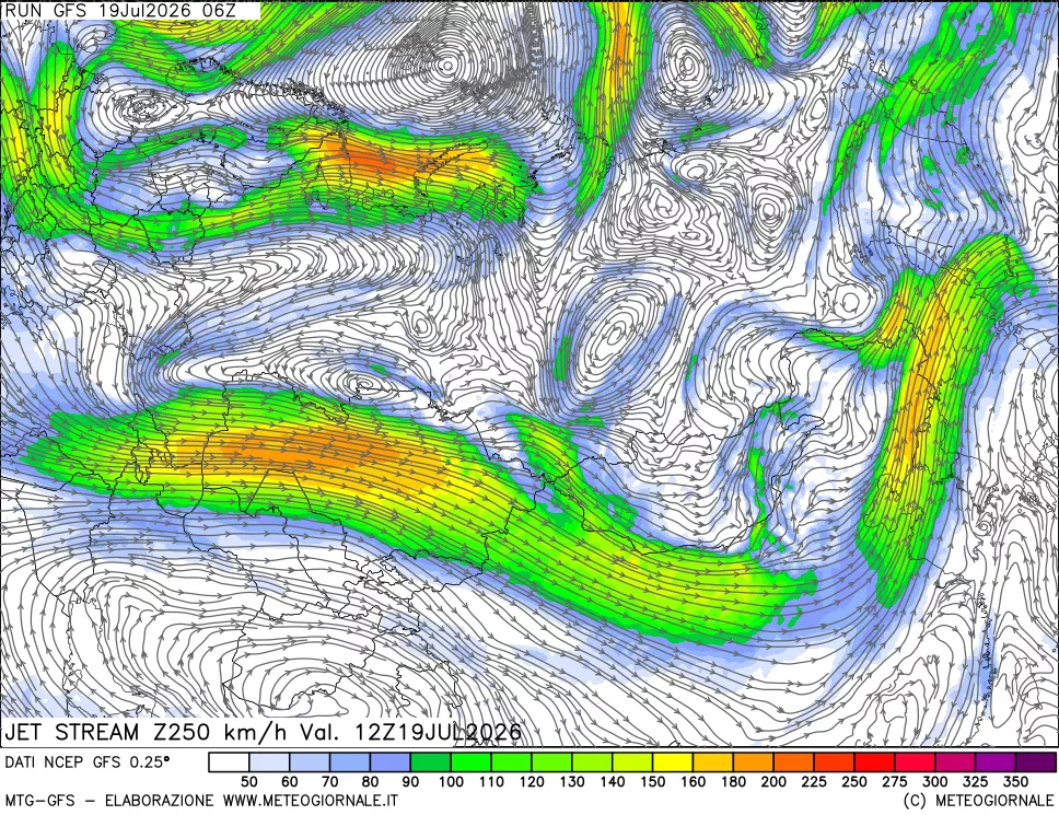 mappa 250 hPa Jet stream