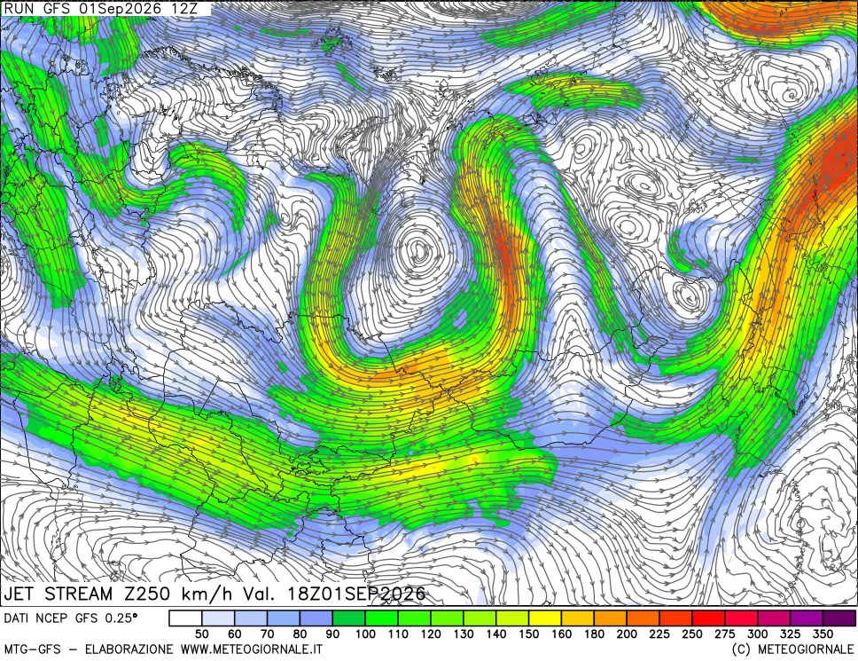mappa 250 hPa Jet stream