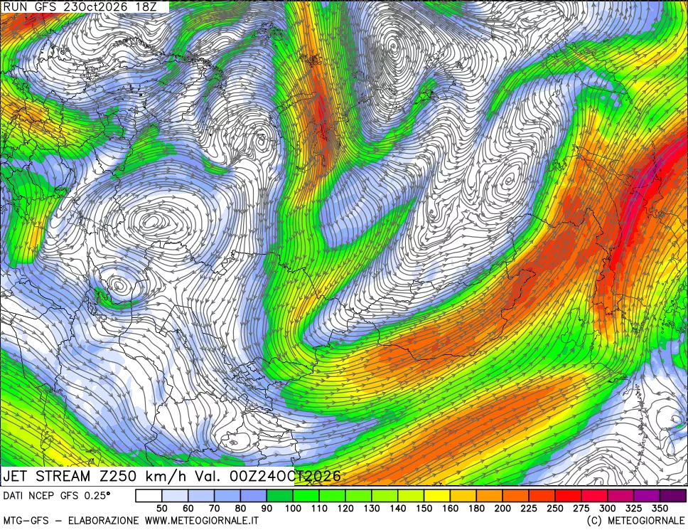 mappa 250 hPa Jet stream