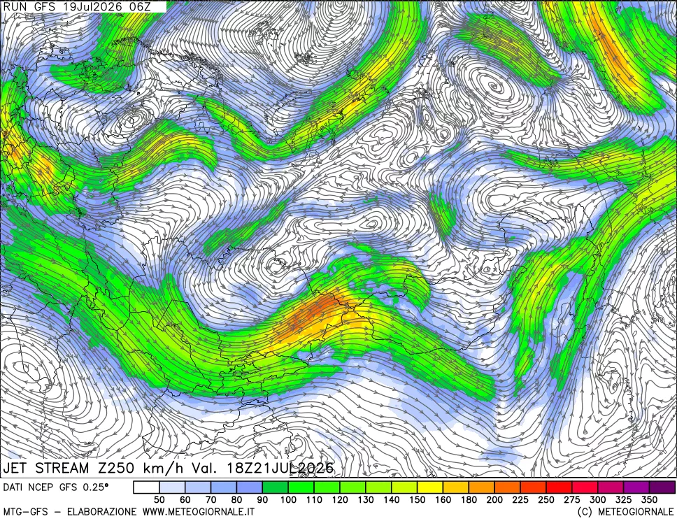 mappa 250 hPa Jet stream