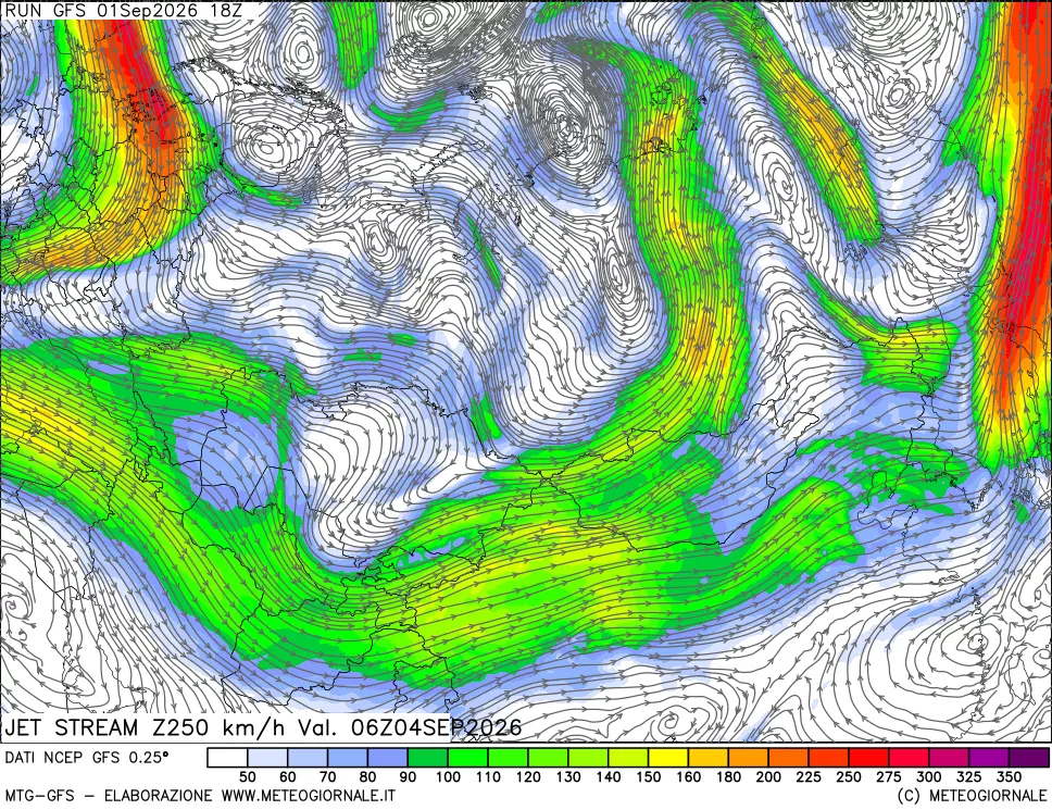 mappa 250 hPa Jet stream