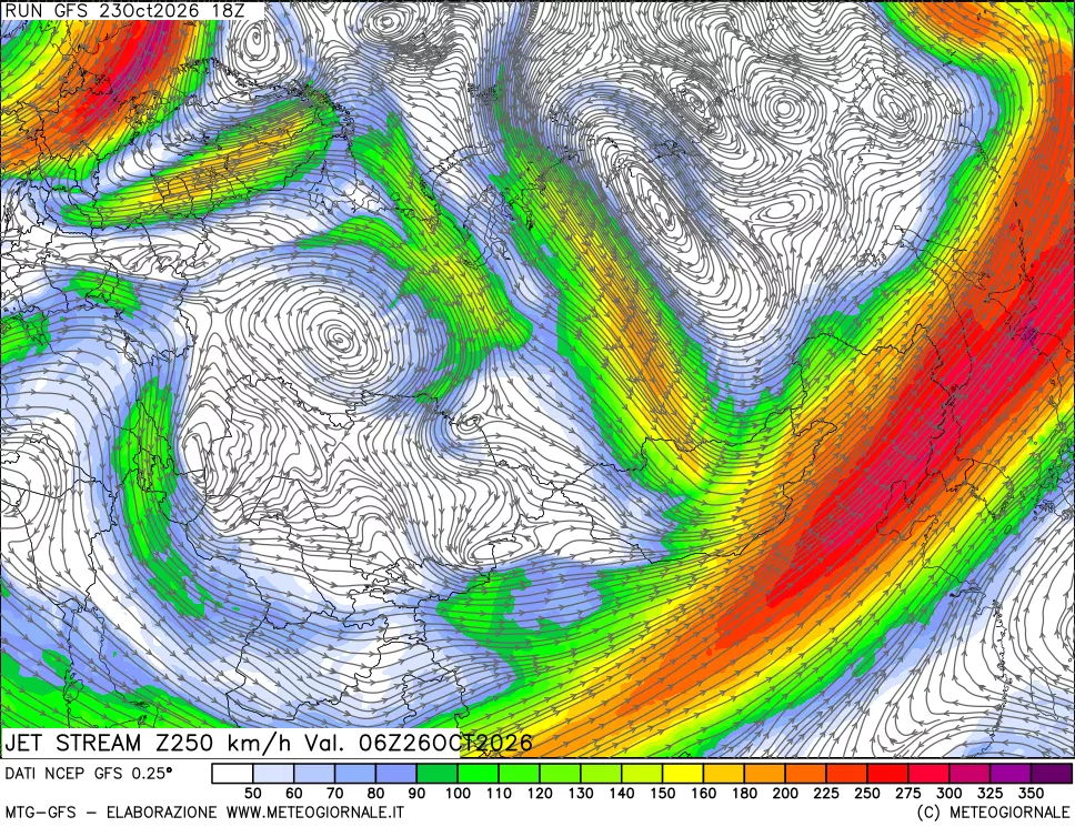 mappa 250 hPa Jet stream