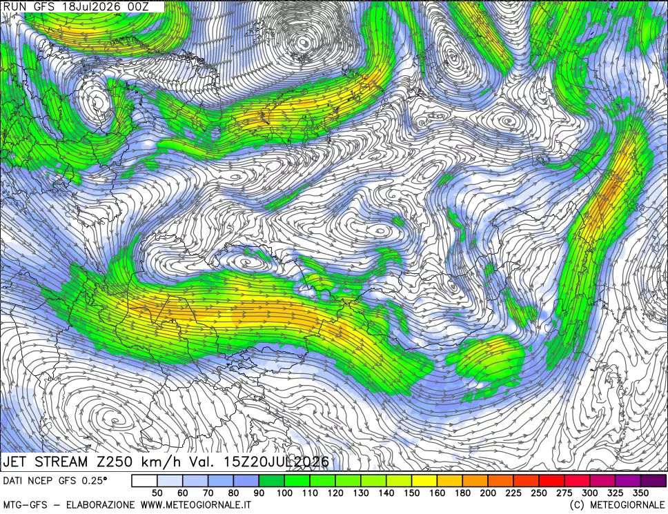 mappa 250 hPa Jet stream
