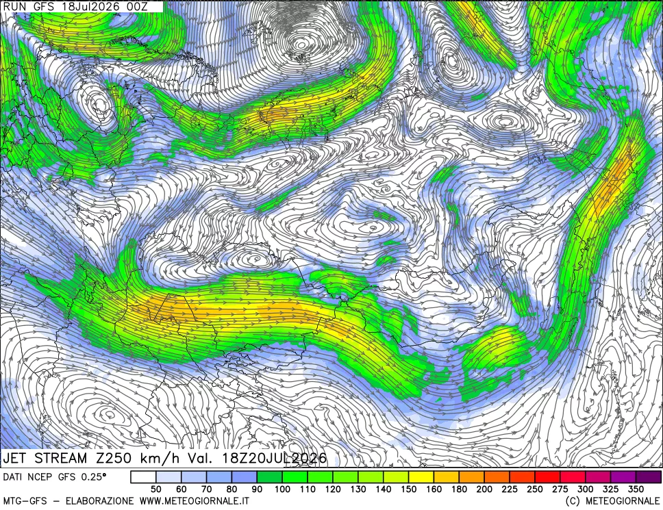 mappa 250 hPa Jet stream