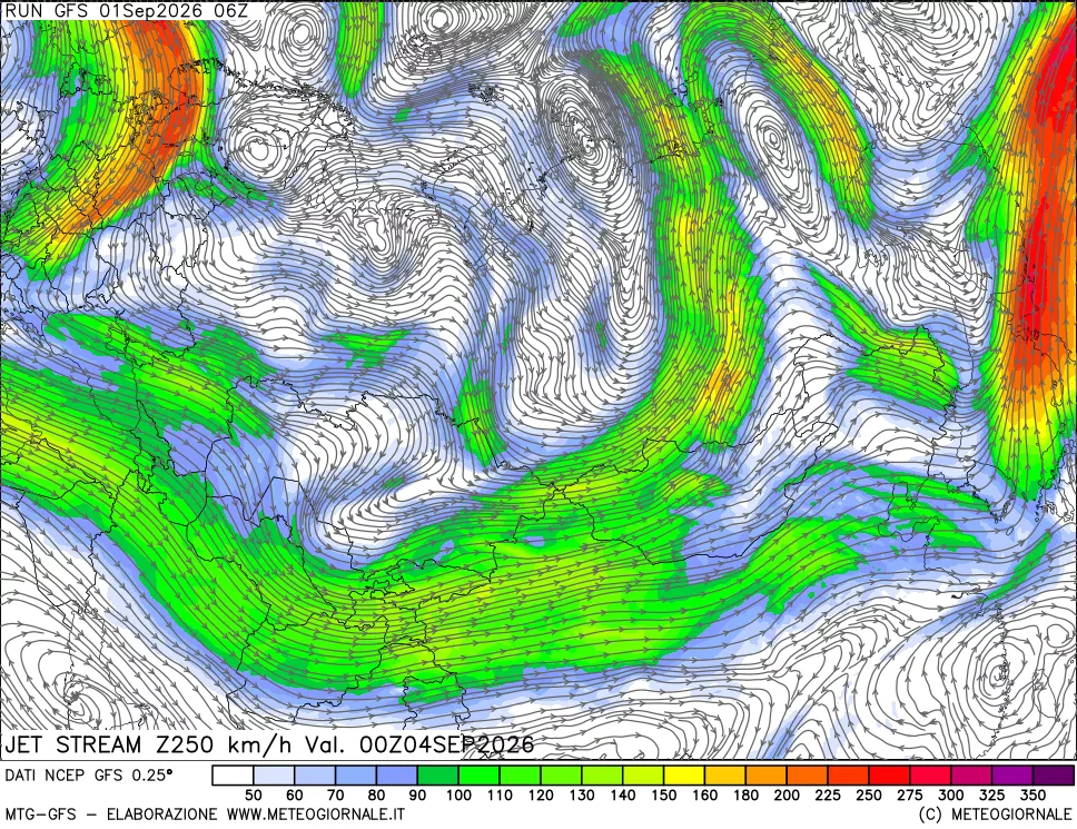 mappa 250 hPa Jet stream