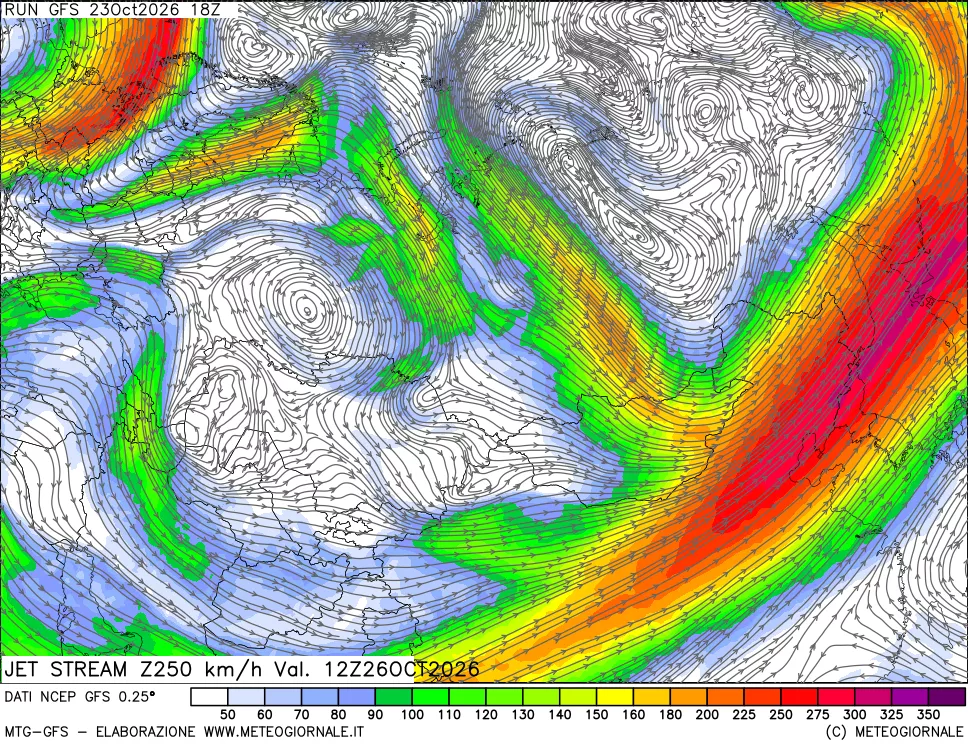 mappa 250 hPa Jet stream