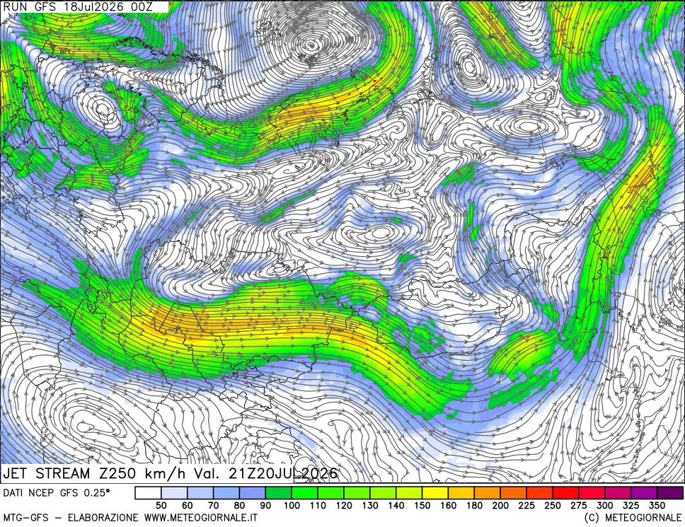 mappa 250 hPa Jet stream