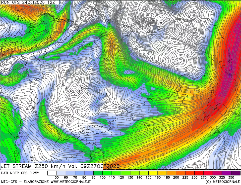 mappa 250 hPa Jet stream