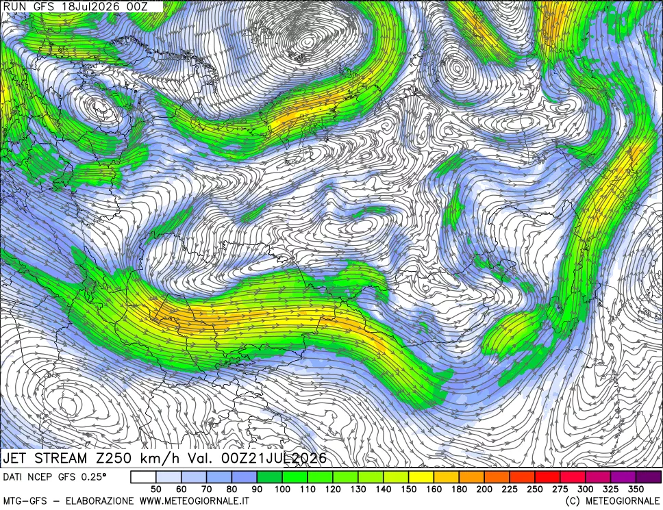mappa 250 hPa Jet stream